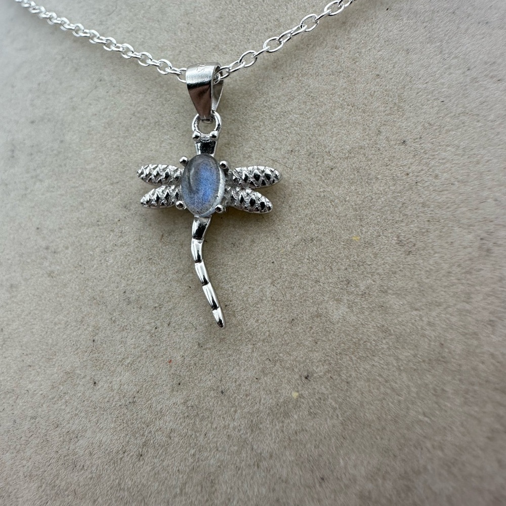 Silver Moonstone Dragonfly Pendant Necklace on Silver Plated Box Chain - Picture 7 of 12